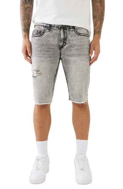 True Religion Brand Jeans Ricky Frayed Super T Straight Leg Denim Shorts In Elk St Grey Wash With Rips