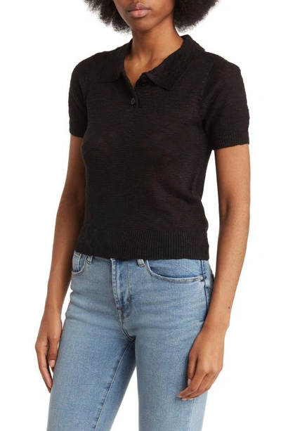 Love By Design Tristan Short Sleeve Crop Polo Sweater In Black