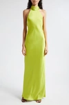 Ramy Brook Tatiana Halter Neck Satin Gown In Lime