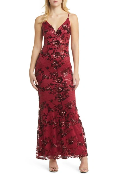 Lulus Shine Language Floral Sequined Lace Gown In Shiny Wine