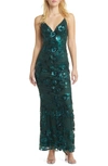 Lulus Shine Language Floral Sequined Lace Gown In Shiny Emerald