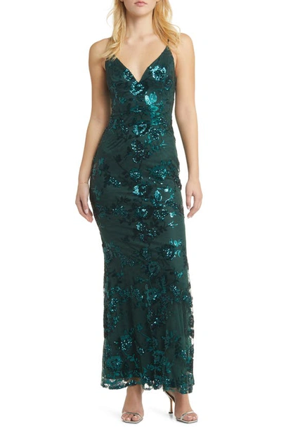 Lulus Shine Language Floral Sequined Lace Gown In Shiny Emerald