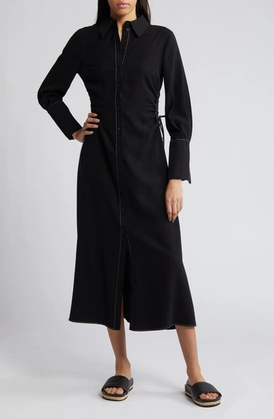 Topshop Ruched Side Long Sleeve Midi Shirtdress In Black