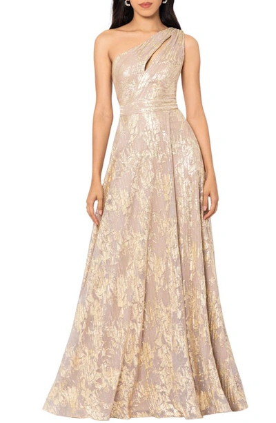 Betsy & Adam Metallic Floral One-shoulder Sheath Gown In White/ Pink/ Gold