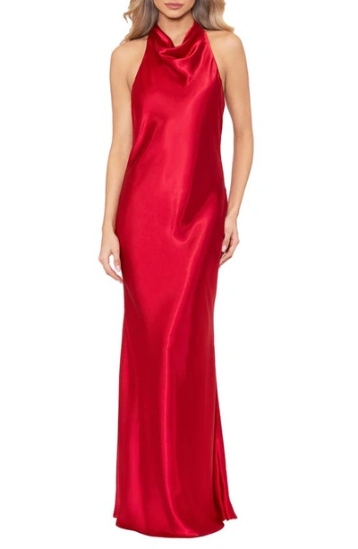 Betsy & Adam Halter Charmeuse Gown In Red