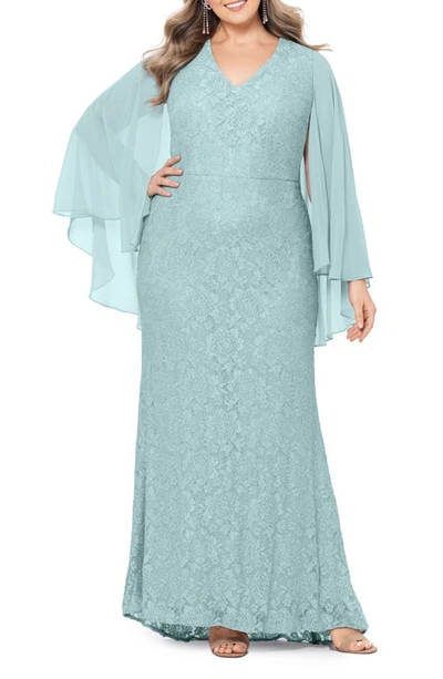 Betsy & Adam Lace Cape Sleeve Gown In Sage