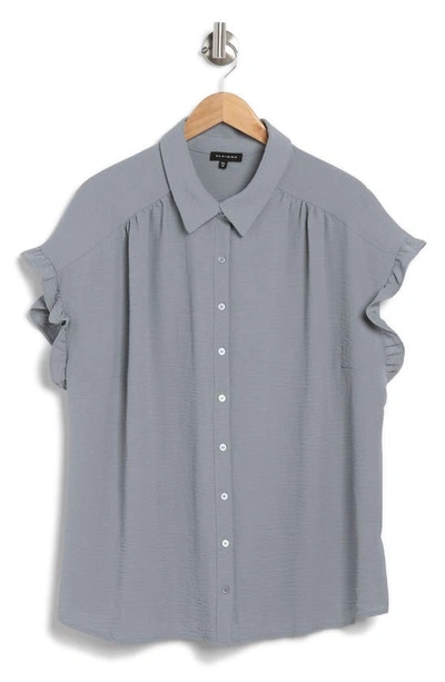 Pleione Crinkle Short Sleeve Ruffle Camp Shirt In Dusty Blue