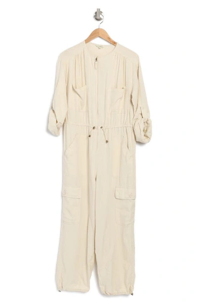 Max Studio Drawcord Waist Long Sleeve Cargo Jumpsuit In Natural