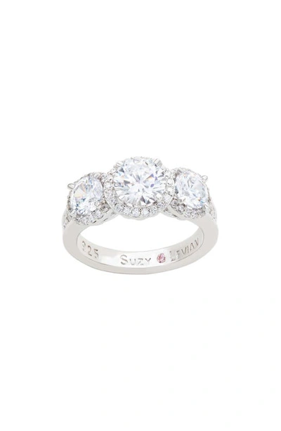 Suzy Levian Sterling Silver Three Stone Cz Ring In White