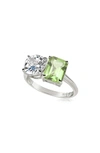 Suzy Levian Sterling Silver Two-stone Ring In Silver/ Green