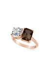 Suzy Levian Sterling Silver Two-stone Ring In Rose Gold/ Brown