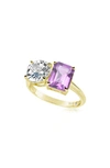 Suzy Levian Sterling Silver Two-stone Ring In Gold/ Purple