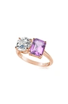 Suzy Levian Sterling Silver Two-stone Ring In Rose Gold/ Purple
