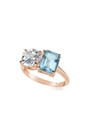 Suzy Levian Sterling Silver Two-stone Ring In Rose Gold/ Blue