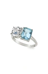 Suzy Levian Sterling Silver Two-stone Ring In Silver/ Blue
