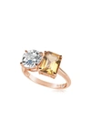 Suzy Levian Sterling Silver Two-stone Ring In Rose Gold/ Orange