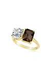Suzy Levian Sterling Silver Two-stone Ring In Gold/ Brown