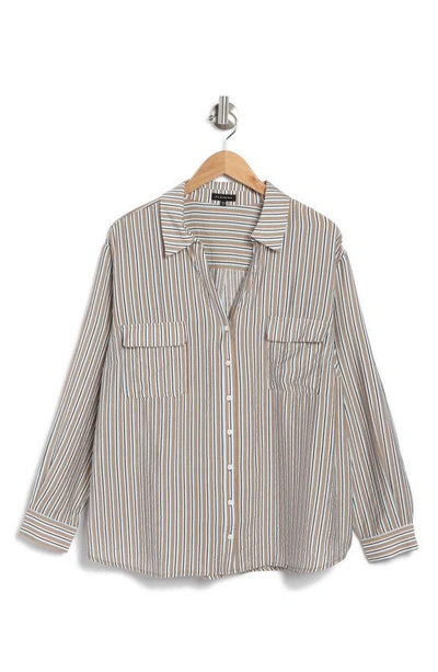 Pleione Stripe Crinkle Long Sleeve Button-up Shirt In Khaki Seafoam Stripe