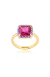 Gabi Rielle Cubic Zirconia Square Halo Adjustable Ring In Gold/pink