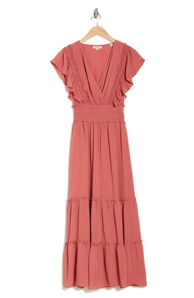 Max Studio Pebble Crepe Flutter Sleeve Maxi Dress In Dusty Cedar