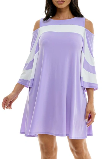 Nina Leonard Ity Stripe Cold Shoulder Dress In Lavender/ Ivory