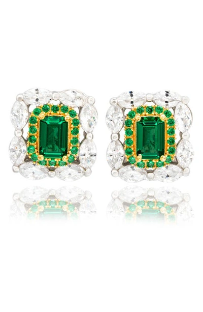 Suzy Levian Sterling Silver Emerald Cut Cz Stud Earrings In Green
