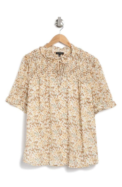 Pleione Floral Keyhole Puff Sleeve Blouse In Ivory Bronze Ditsy