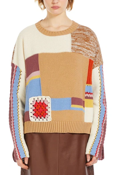 Max Mara Padana Crochet Detail Cotton Blend Crewneck Sweater In Beige Multi