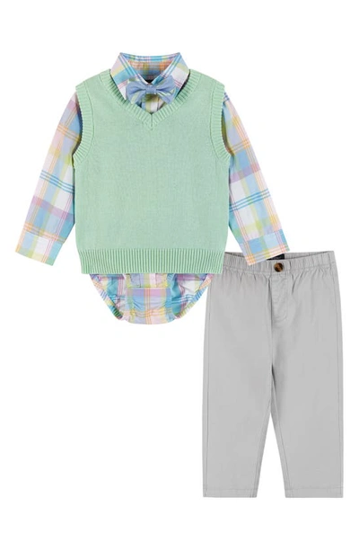 Andy & Evan Babies' Plaid Button-up Bodysuit, Sweater Vest, Bow Tie & Pants Set In Light Green Plaid