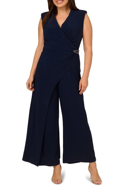 Adrianna Papell Jersey Faux-wrap Jumpsuit In Midnight