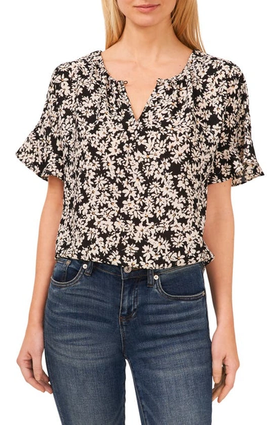 Cece Floral Print Ruffle Sleeve Top In Rich Black