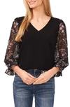 Cece Mixed Media Clip Dot Floral V-neck Top In Classic Navy