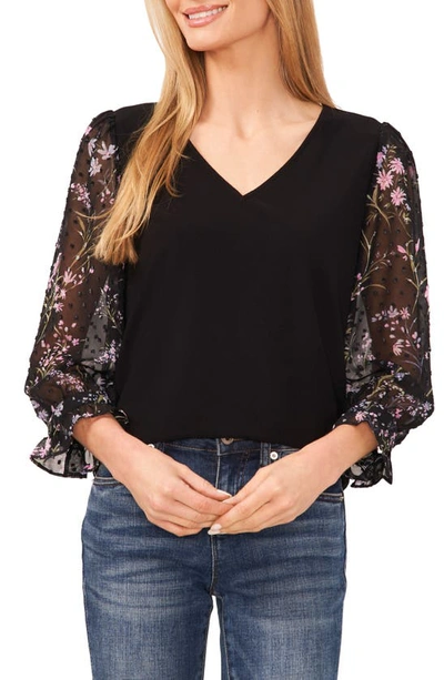 Cece Mixed Media Clip Dot Floral V-neck Top In Rich Black