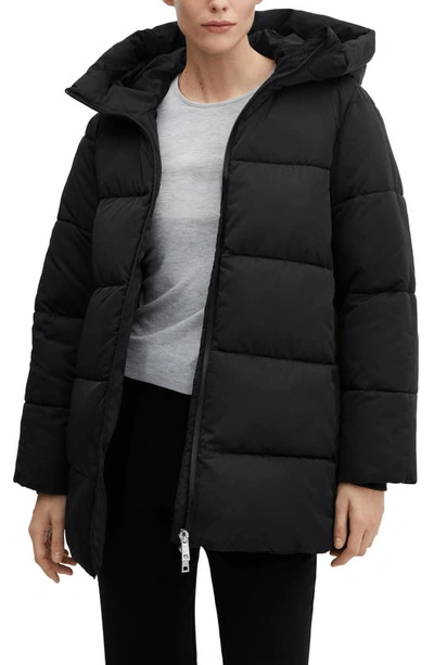 Mango Quilted Hooded Puffer Jacket In Black