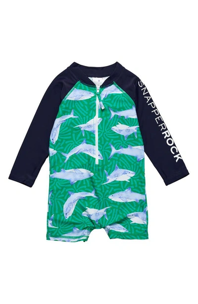 Snapper Rock Babies' Reef Shark Long Sleeve One-piece Rashguard Swimsuit In Green