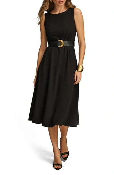 Donna Karan Pleated Sleeveless Belted Midi Dress In Black