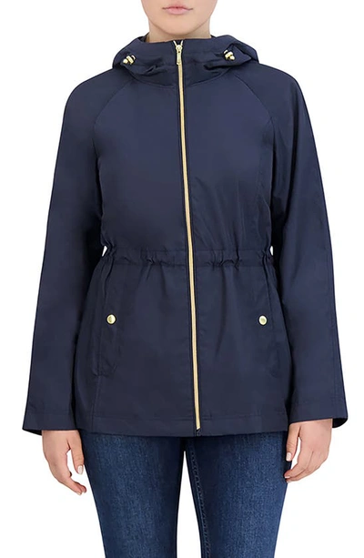 Cole Haan Travel Packable Hooded Rain Jacket In Indigo