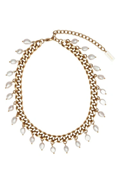 St. Moran Freshwater Pearl Charm Curb Link Necklace In White/gold
