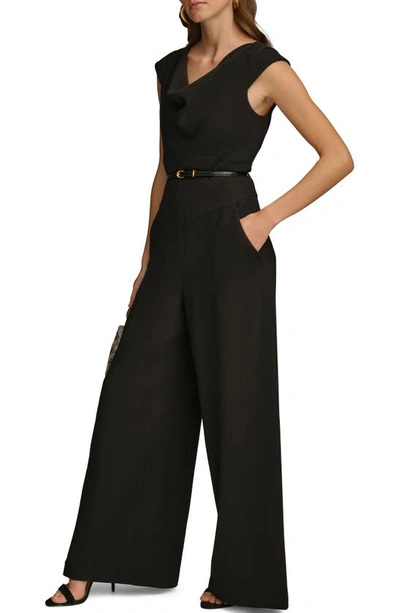 Donna Karan Cowl Neck Cap Sleeve Belted Jumpsuit In Black