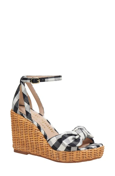 Kate Spade Tianna Gingham Wicker Wedge Sandal In Black/cream