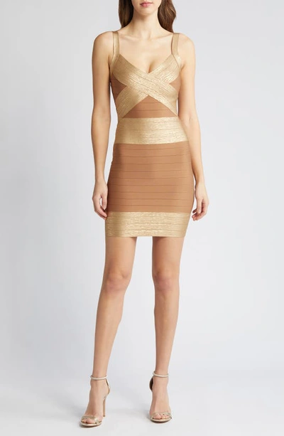 Bebe Shimmer Colorblock Body-con Cocktail Minidress In Golden/ Nude