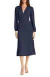 Maggy London Long Sleeve Tie Waist Midi Dress In Navy Blazer