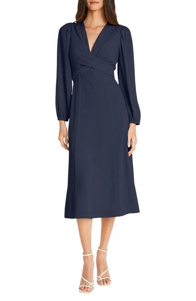 Maggy London Long Sleeve Tie Waist Midi Dress In Navy Blazer
