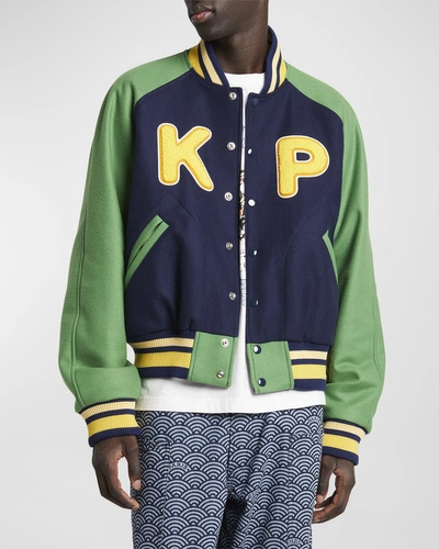 Kenzo Colourblock Wool Blend Varsity Jacket In Midnight Blue