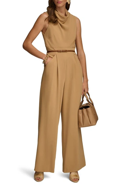 Donna Karan Cowl Neck Sleeveless Belted Jumpsuit In Fawn