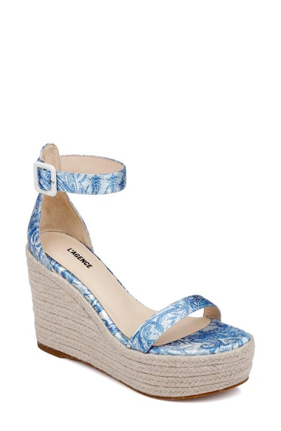 L Agence Avice Ankle Strap Espadrille Platform Wedge Sandal In Blue/ Ivory