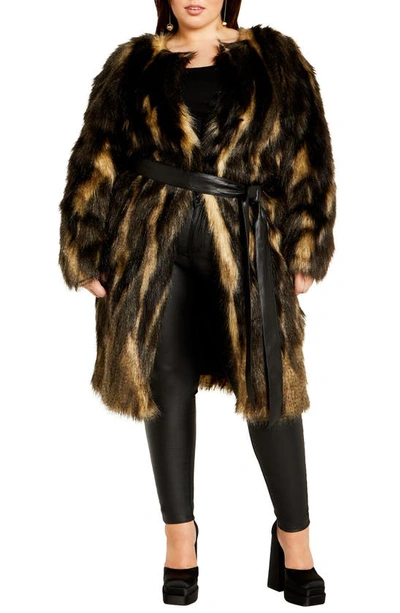 City Chic Diva Belted Faux Fur Coat In Black Multi