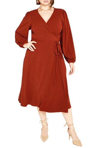 City Chic Hayden Long Sleeve Faux Wrap Midi Dress In Sienna