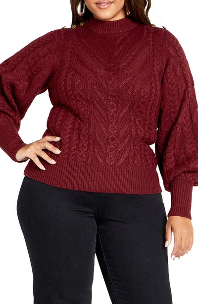 City Chic Saskia Button Shoulder Mock Neck Cable Stitch Sweater In Cabernet