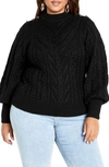 City Chic Saskia Button Shoulder Mock Neck Cable Stitch Sweater In Black